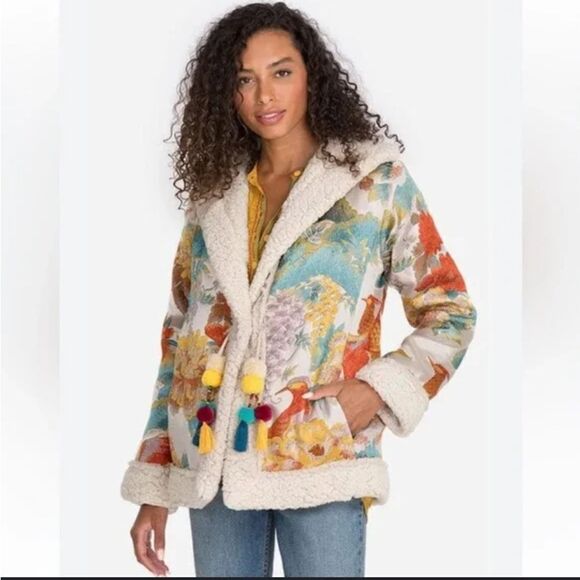 JOHNNY WAS BIYA peony jacquard sherpa jacket NWT size XS peacock floral